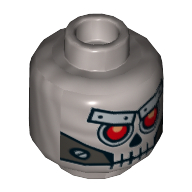 Minifig Head Robo Skeleton, Skull with Red Eyes, Metal Eyebrows with Rivets and Metal Jaw with Screws Print [Hollow Stud] (Flat Silver)