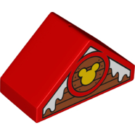 Duplo Brick 4 x 2 Double Slope 45° with Wood Panels, Snow, and Mickey Mouse Logo Print (Red)