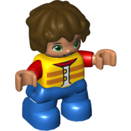 Duplo Figure Child with Short Wavy Hair Brown, Blue Legs, Red Arms, Yellow Life Vest Print (Yellow)
