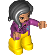 Duplo Figure with Long Hair Section in Front, with Yellow Legs, Shirt with Pocket and Buttons Print (Magenta)