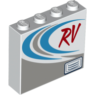 Brick 1 x 4 x 3 with Red 'RV', Light Bluish Grey/Medium Blue Sickles (White)