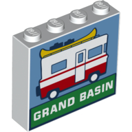 Brick 1 x 4 x 3 with Red/White RV, Medium Blue Background, White On Green 'Grand Basin' (White)