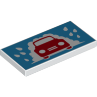 Tile 2 x 4 with Red Car, Medium Azure Water Drops Print (White)