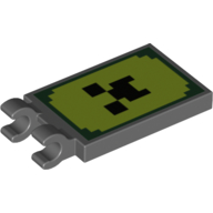 Tile Special 2 x 3 with 2 Clips with Black Pixelated Face on Yellow Field with Green Border Print (Dark Bluish Gray)
