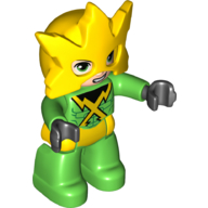 Duplo Figure with Helmet with 5 Points, Bright Green Legs, Yellow Belt, Crossed Yellow Lightning Bolts on Chest (Electro) (Bright Green)