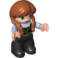 Duplo Figure with Two Braids Dark Orange, Black Legs, Filigree Design Print (Anna) (Bright Light Blue)
