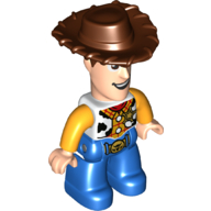 Duplo Figure with Cowboy Hat, Blue Legs, and Cow Skin Vest Print (Woody) (White)