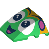 Brick Wedged, Curved 4 x 3 No Studs with Face, Black Eyes, Open Smile Mouth Print (Green)