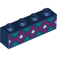 Brick 1 x 4 with Dark Purple and White Squares, Dark Turquoise Triangles Print (Dark Blue)