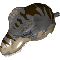 Animal Body Part, Dinosaur, Tyrannosaurus Rex Head with Pin, Light Bluish Grey Teeth, Dark Bluish Gray Top and Dark Brown Stripes Print (Dark Tan)