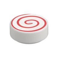 Tile Round 1 x 1 with Red Spiral Print (White)