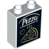 Duplo Brick 1 x 2 x 2 with 'Pizza' and Slice of Pizza Print (White)