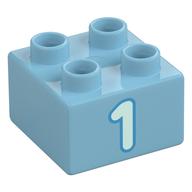 Duplo Brick 2 x 2 with Light Aqua '1' Print (Medium Azure)