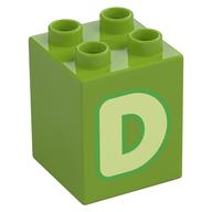Duplo Brick 2 x 2 x 2 with Yellowish Green 'D' Print (Lime)