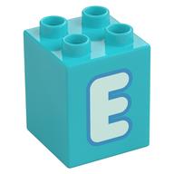 Duplo Brick 2 x 2 x 2 with Light Aqua 'E' Print (Medium Azure)