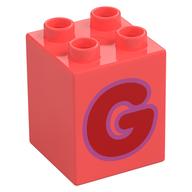 Duplo Brick 2 x 2 x 2 with Red 'G' Print (Coral)