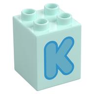 Duplo Brick 2 x 2 x 2 with Medium Azure 'K' Print (Light Aqua)
