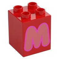 Duplo Brick 2 x 2 x 2 with Coral 'M' Print (Red)