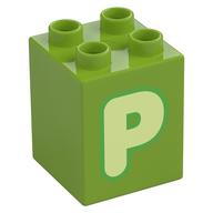 Duplo Brick 2 x 2 x 2 with Yellowish Green 'P' Print (Lime)
