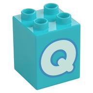 Duplo Brick 2 x 2 x 2 with Light Aqua 'Q' Print (Medium Azure)