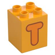 Duplo Brick 2 x 2 x 2 with Orange 'T' Print (Bright Light Orange)
