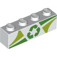 Brick 1 x 4 with Green/Lime Shapes, Recycle Logo/Symbol (White)