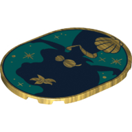 Tile Round 6 x 8 with Dark Blue Ariel Contours, Dark Turquoise Background, Golden Shells Print (Pearl Gold)