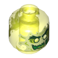 Minifig Head Ghost, with Yellowish Green Face, Glass Eye, Evil Grin, Flames in Back Print (Trans-Neon Green)