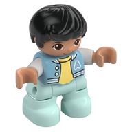 Duplo Figure Child, Hair Combed Forward with Curl Black, Light Aqua Legs, Bright Light Yellow Under Shirt, Jacket Print (Medium Azure)