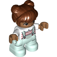 Duplo Figure Child with Two Buns on Top and Long Bangs Reddish Brown, With Light Aqua Legs, Coral and White Stripes on Shirt Print (White)