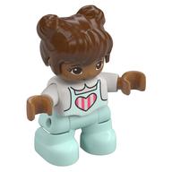 Duplo Figure Child with Two Buns on Top and Long Bangs Reddish Brown, with Light Aqua Legs, Pink and White Strips In Heart on Shirt Print (White)