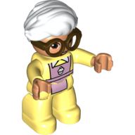 Duplo Figure with Hair Swept Right White, with Bright Light Yellow Legs, Pink Apron Print and Brown Glasses (Bright Light Yellow)