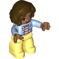 Duplo Figure with Long Hair Parted on Left Brown, with Bright Light Yellow Legs, Pink and White Striped Shirt and Jacket Print (Bright Light Blue)