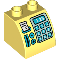 Duplo Brick 2 x 2 x 1 1/2 with Curved Top, Cash Register with '1.23' Print (Bright Light Yellow)