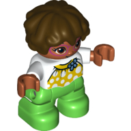 Duplo Figure Child with Short Wavy Hair Dark Brown, with Bright Green Legs, Yellow Top with White Spots, Blue Bow Print (White)