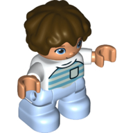 Duplo Figure Child with Short Wavy Hair Dark Brown, with Bright Light Blue Legs, Shirt with Azure and Aqua Stripes and Pocket Print (White)