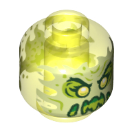 Minifig Head Ghost, Yellowish Green Face, Slime Mouth, Raised Eyebrows, Flames in Back [Hollow Stud] (Trans-Neon Green)