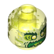 Minifig Head Ghost Dwayne, Yellowish Green Face, Bushy Eyebrows, Angry, Flames in Back (Trans-Neon Green)