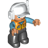 Duplo Figure with Headset and Cap White, with Medium Azure Arms, Orange Safety Vest, and Black Legs (Orange)