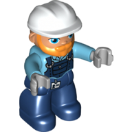 Duplo Figure with Hard Hat and Beard, Dark Blue Overalls (Medium Azure)