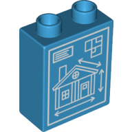Duplo Brick 1 x 2 x 2 with House Blueprints Print (Dark Azure)