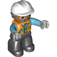Duplo Figure with Hard Hat and Hair, Black Legs, Safety Vest (Orange)