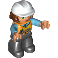 Duplo Figure with Hard Hat and Long Hair, Black Legs, Safety Vest, Nougat Hands (Orange)