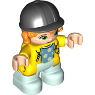 Duplo Figure Child with Hair and Riding Helmet Black, Light Aqua Legs, Yellow Hoodie, Azure Shirt with Stars Print (Yellow)