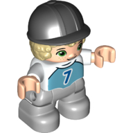 Duplo Figure Child with Short Hair and Riding Helmet Black, Light Bluish Gray Legs, Dark Azure Shirt with '7' Print (White)
