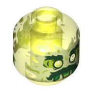 Minifig Head Ghost, with Yellowish Green Face, Bushy Eyebrows, Moustache and Flames in Back Print (Trans-Neon Green)