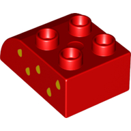 Duplo Brick 2 x 3 with Curved Top with Yellow Raindrops (Strawberry Seeds) On Left Print (Red)