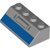 Brick Sloped 45° 2 x 4 with Blue Rectangle, Dark Bluish Grey Shapes Print (Light Bluish Gray)