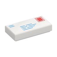 Tile 1 x 2 with Mail Envelope, Blue Addresses, Red and White Stamp Print (White)
