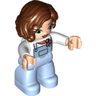 Duplo Figure with Long Hair Parted on Left Reddish Brown, With Bright Light Blue Legs, Coral Neckerchief Print (White)